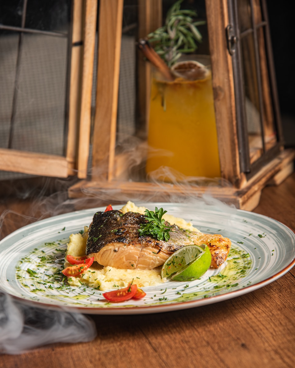 A plate of food on a wooden table